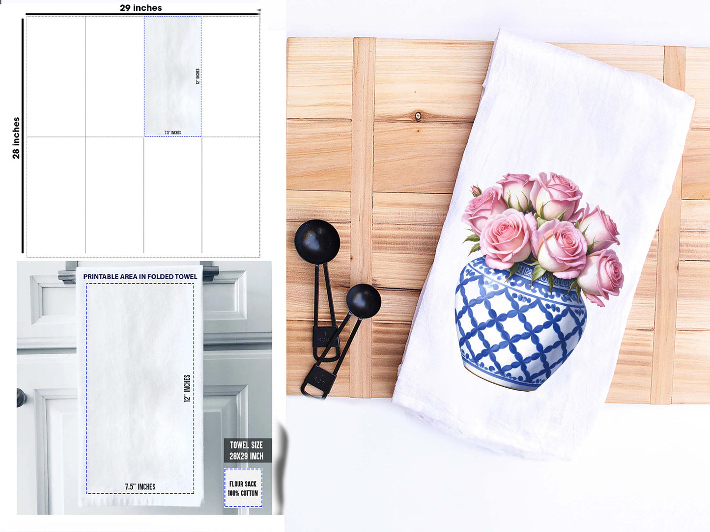 Blue Ginger Jar & Roses Kitchen Towel - Flour Sack Cotton Hand Towel