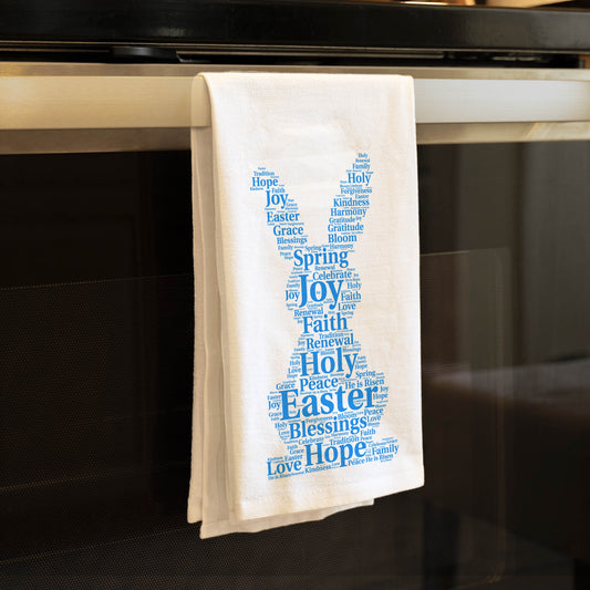 Easter Bunny Kitchen Towel Word Art, Religious Easter Decor, Spring Blessings Tea Towel, Organic Cotton Christian Gift