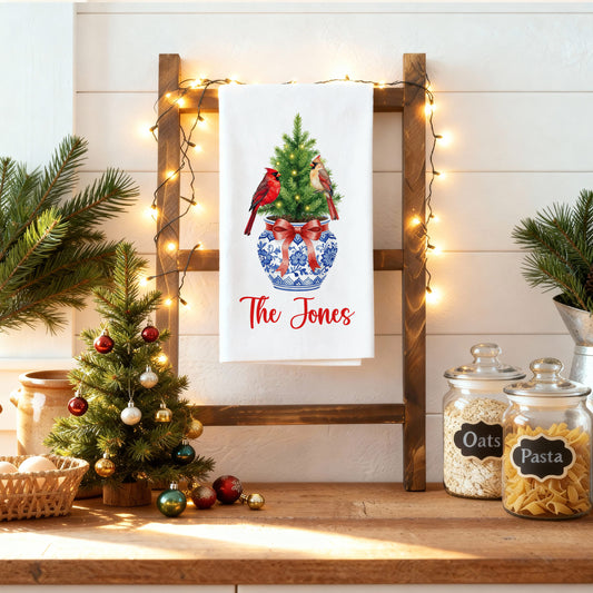 Chinoiserie Christmas Tree with Cardinals in Blue and White Vase Tea Towel