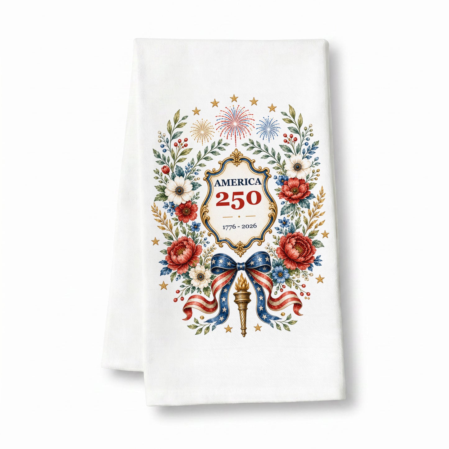America 250 botanical wreath tea towel on white flour sack cotton