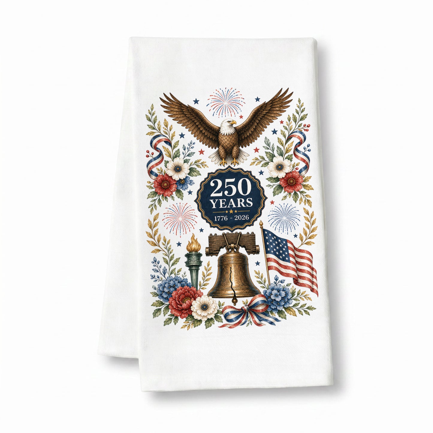 America 250 eagle heritage tea towel on white flour sack cotton