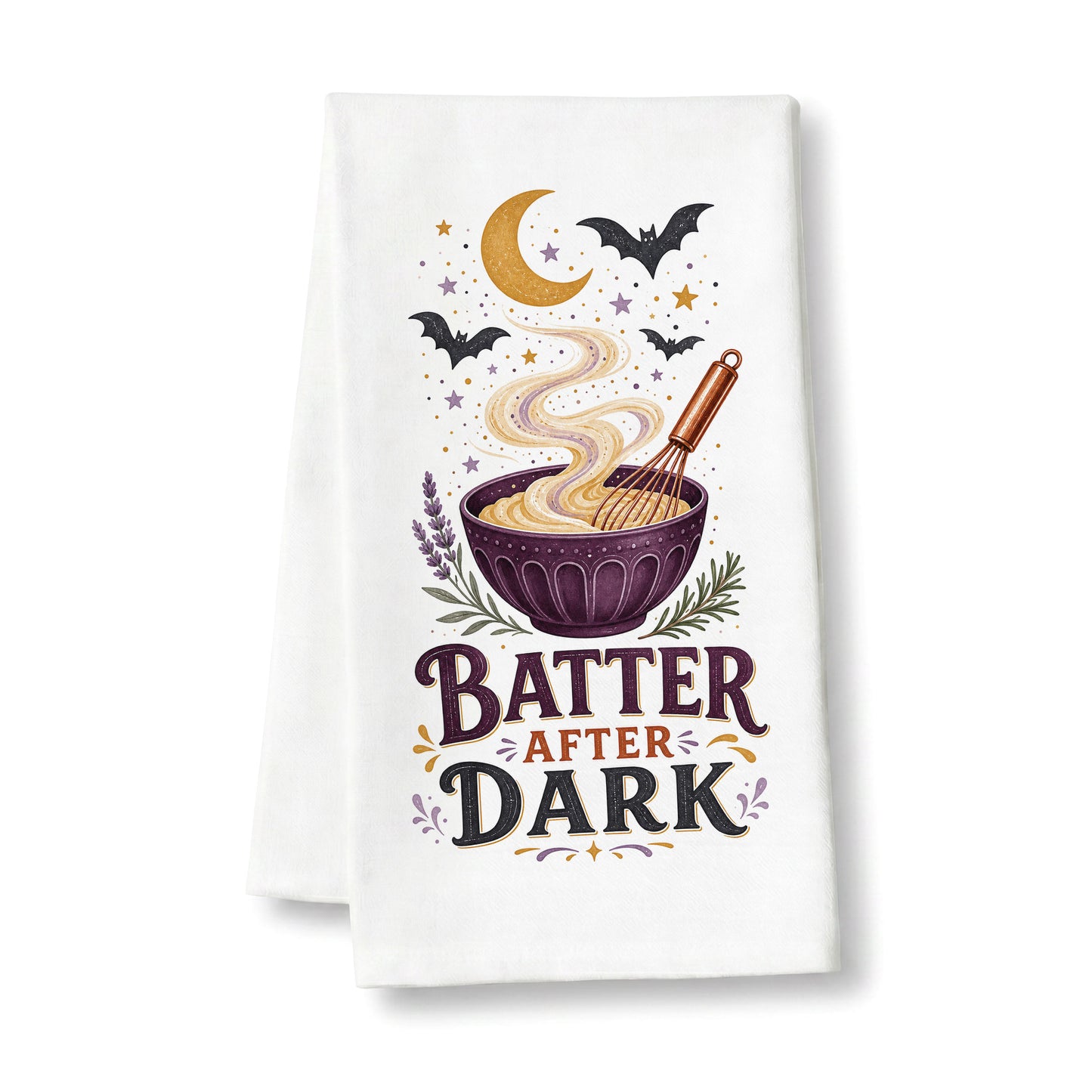 Batter After Dark Halloween Kitchen Towel folded on a clean white background, showing whisk, mixing bowl, curling batter, crescent moon, stars, and bats.