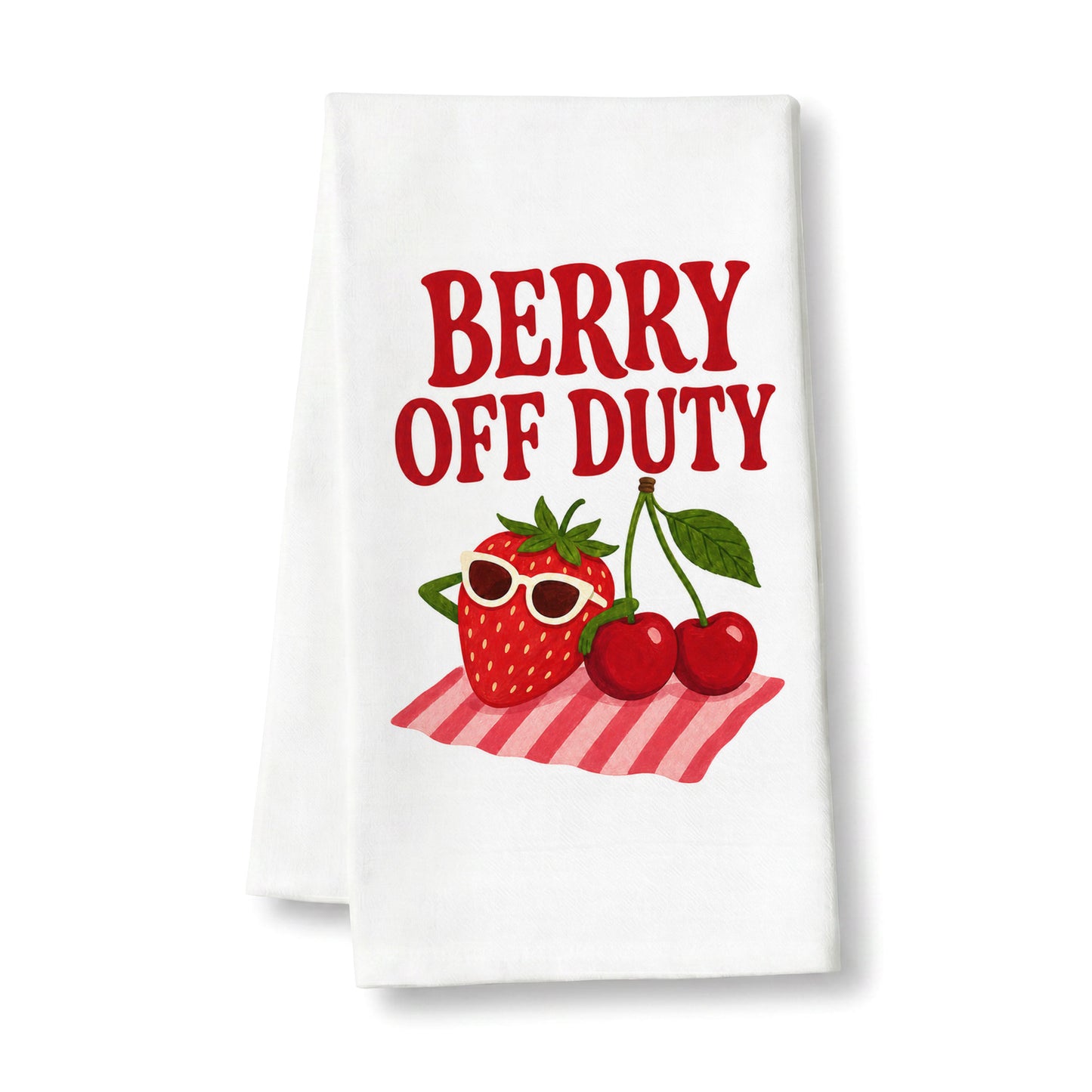 White tea towel printed with the Berry Off Duty design featuring a strawberry and cherries, shown flat on a white background.