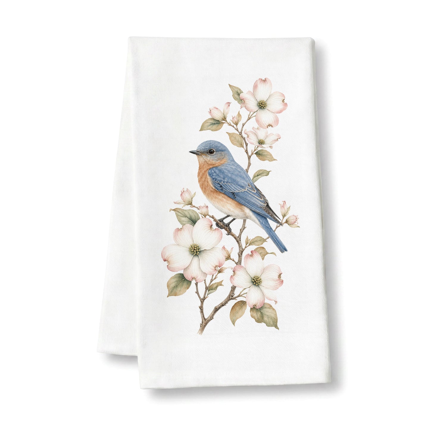 Bluebird and dogwood tea towel on a white background