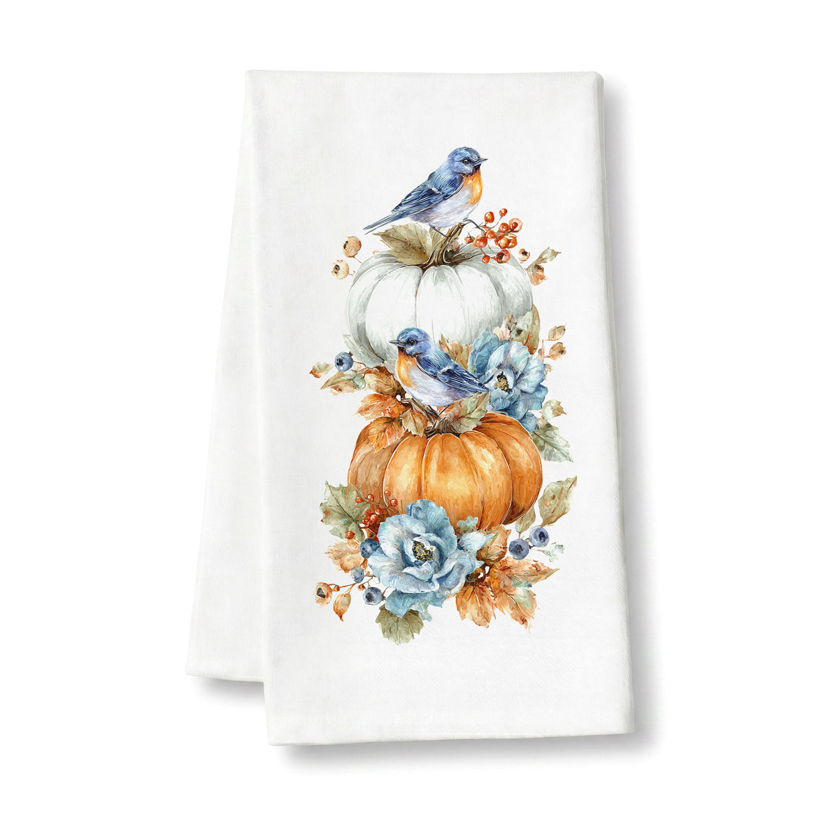 Bluebird Pumpkin tea towel folded on a clean white background, showing the full bluebird, pumpkin, and floral print.