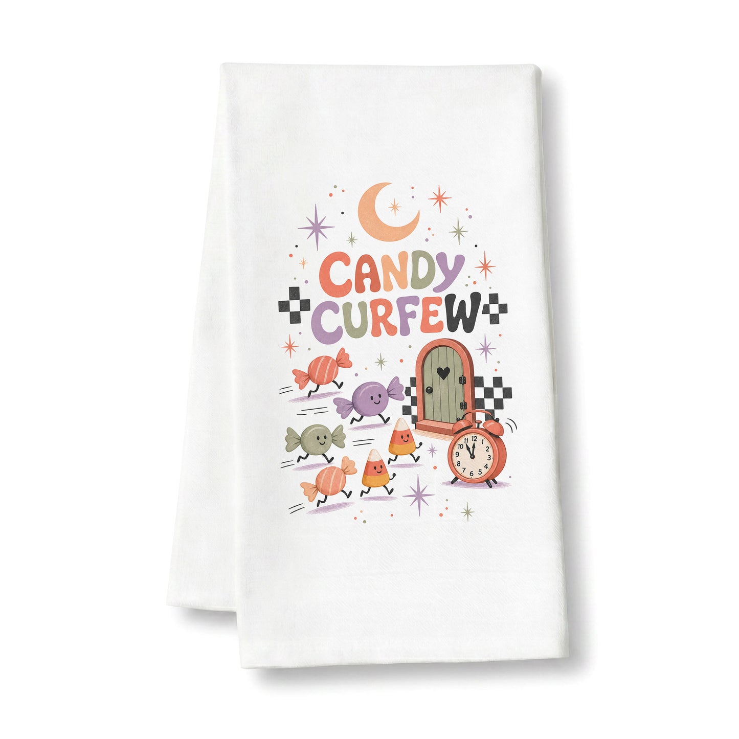 Candy Curfew Retro Halloween Kitchen Towel folded on a clean white background, showing cheerful pastel candies, candy corn, small door, clock, moon, and checkerboard accents.