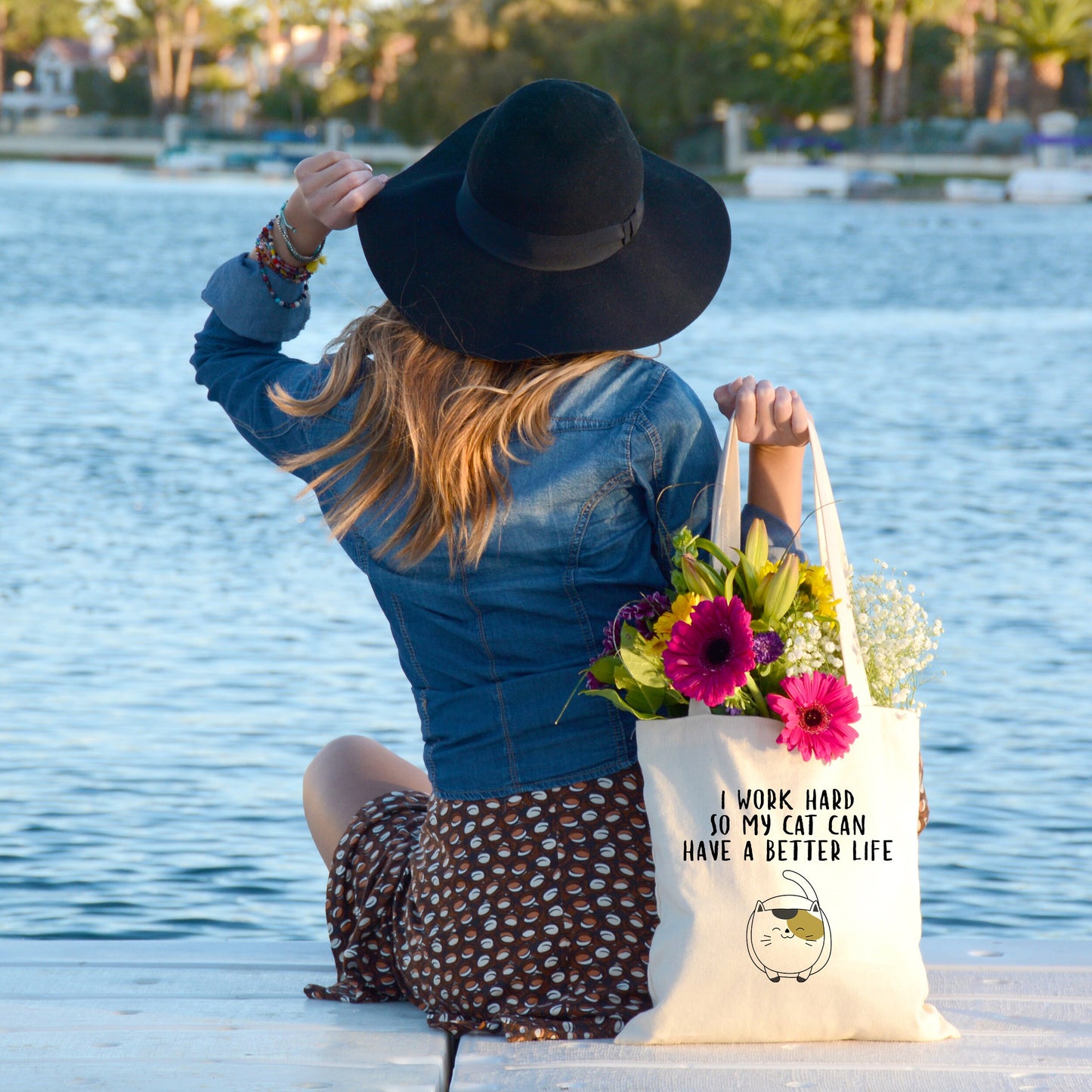 I Work Hard So My Cat Can Have a Better Life, Reusable Cotton Canvas Shopping Tote Bag, 15 x 16 inches