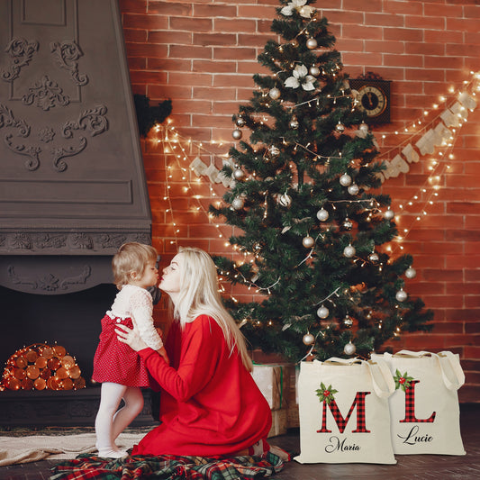 Personalized Christmas Tote Bag - Name & Initial, Natural Cotton Canvas