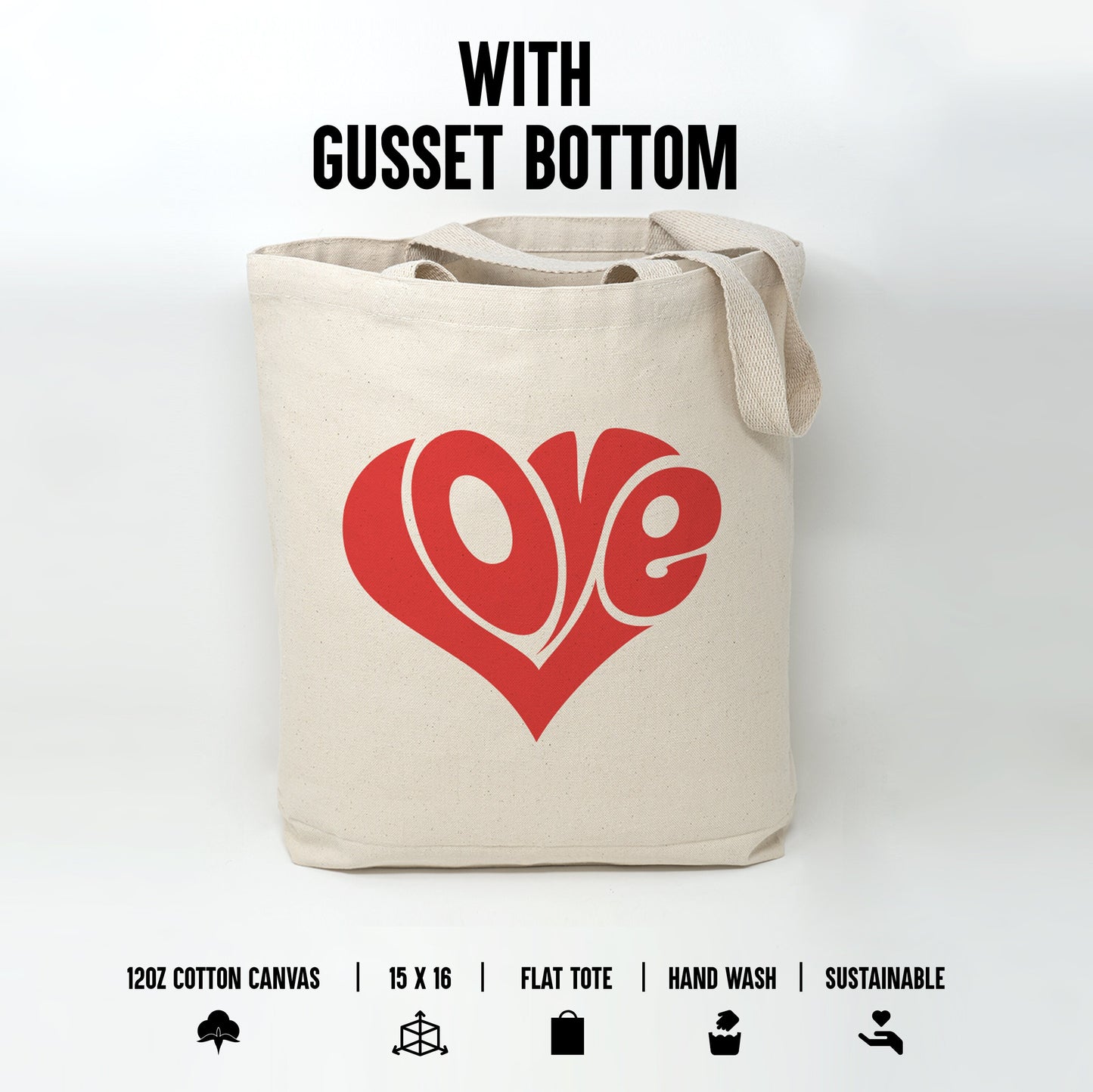 Love Cotton Canvas Tote Bag - Valentine's Day Gift - Reusable Eco-Friendly Durable Bag - Red Love Heart Design