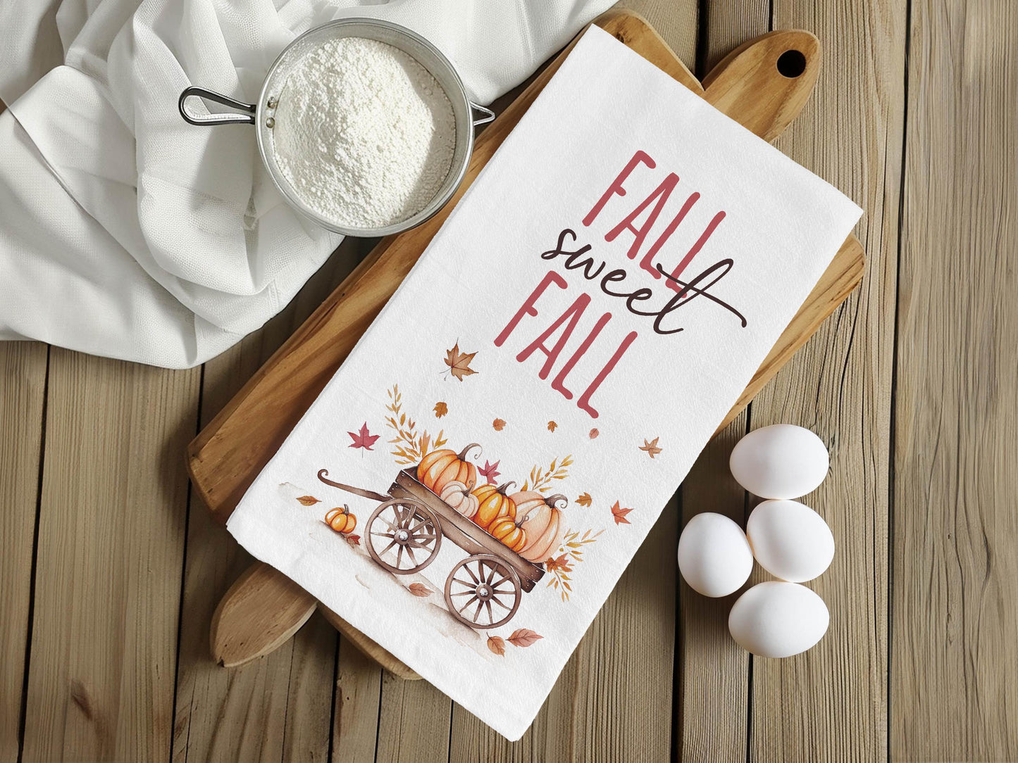 Fall Sweet Fall Kitchen Towel - Rustic Autumn Decor with Pumpkins - Perfect for Thanksgiving & Halloween - Organic Cotton Flour Sack Towel