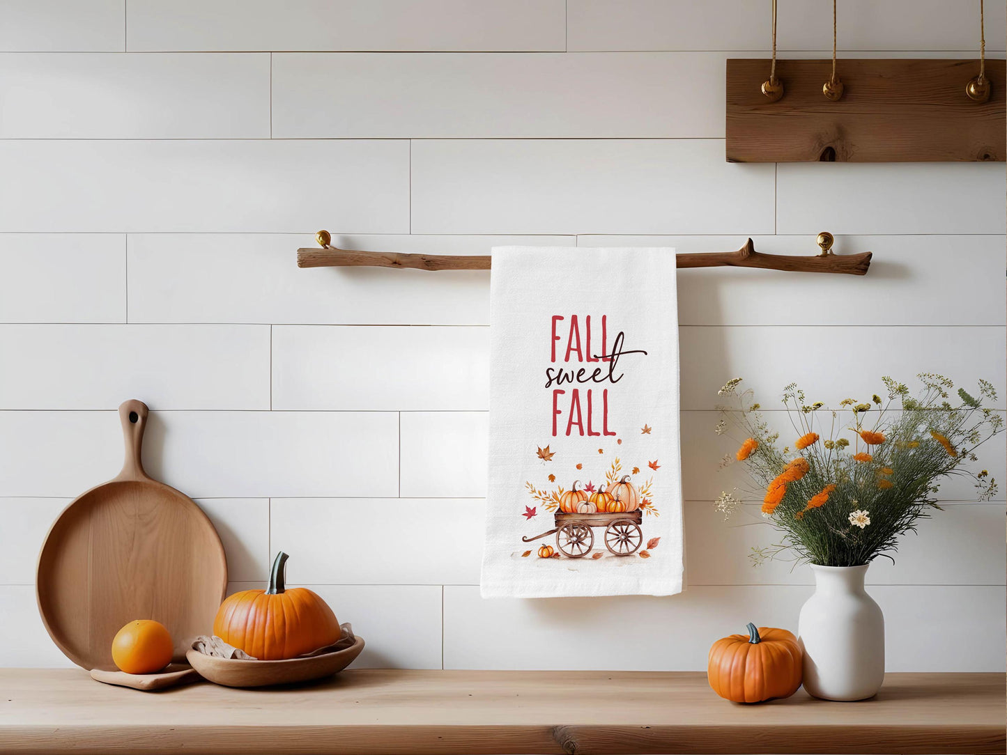 Fall Sweet Fall Kitchen Towel - Rustic Autumn Decor with Pumpkins - Perfect for Thanksgiving & Halloween - Organic Cotton Flour Sack Towel