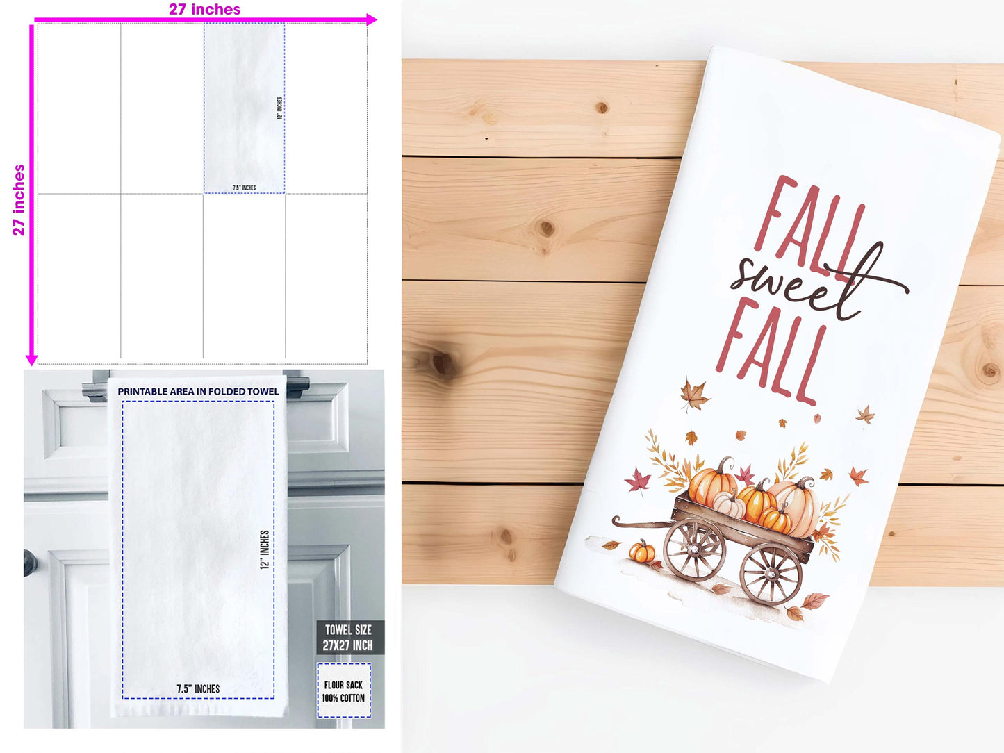 Fall Sweet Fall Kitchen Towel - Rustic Autumn Decor with Pumpkins - Perfect for Thanksgiving & Halloween - Organic Cotton Flour Sack Towel