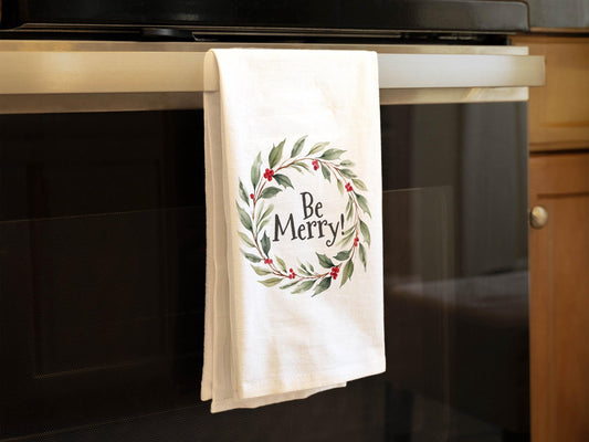 Christmas Kitchen Towel Be Merry, Holiday Wreath Decor, Farmhouse Christmas Gift - Organic Cotton Tea Towel