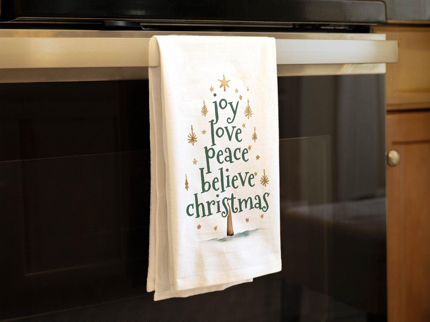 Christmas Kitchen Tea Towel with Words Joy Love Peace Believe Christmas - Festive Decor Holiday Gift Towel - Organic Flour Sack Cotton