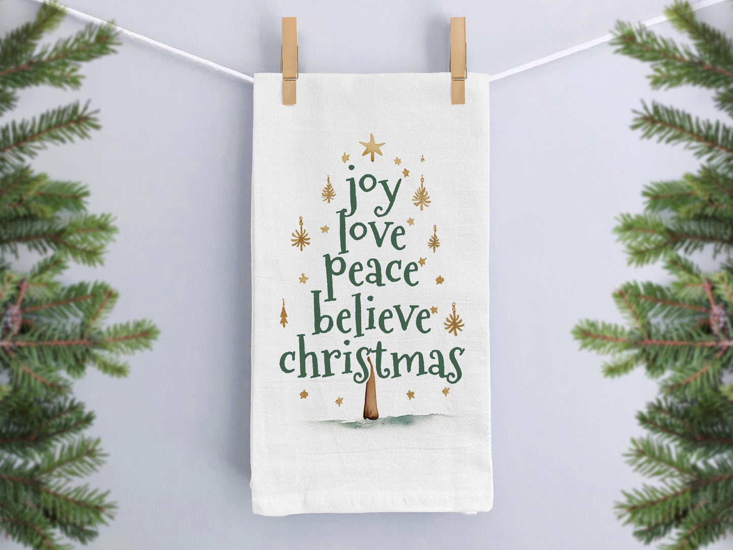 Christmas Kitchen Tea Towel with Words Joy Love Peace Believe Christmas - Festive Decor Holiday Gift Towel - Organic Flour Sack Cotton
