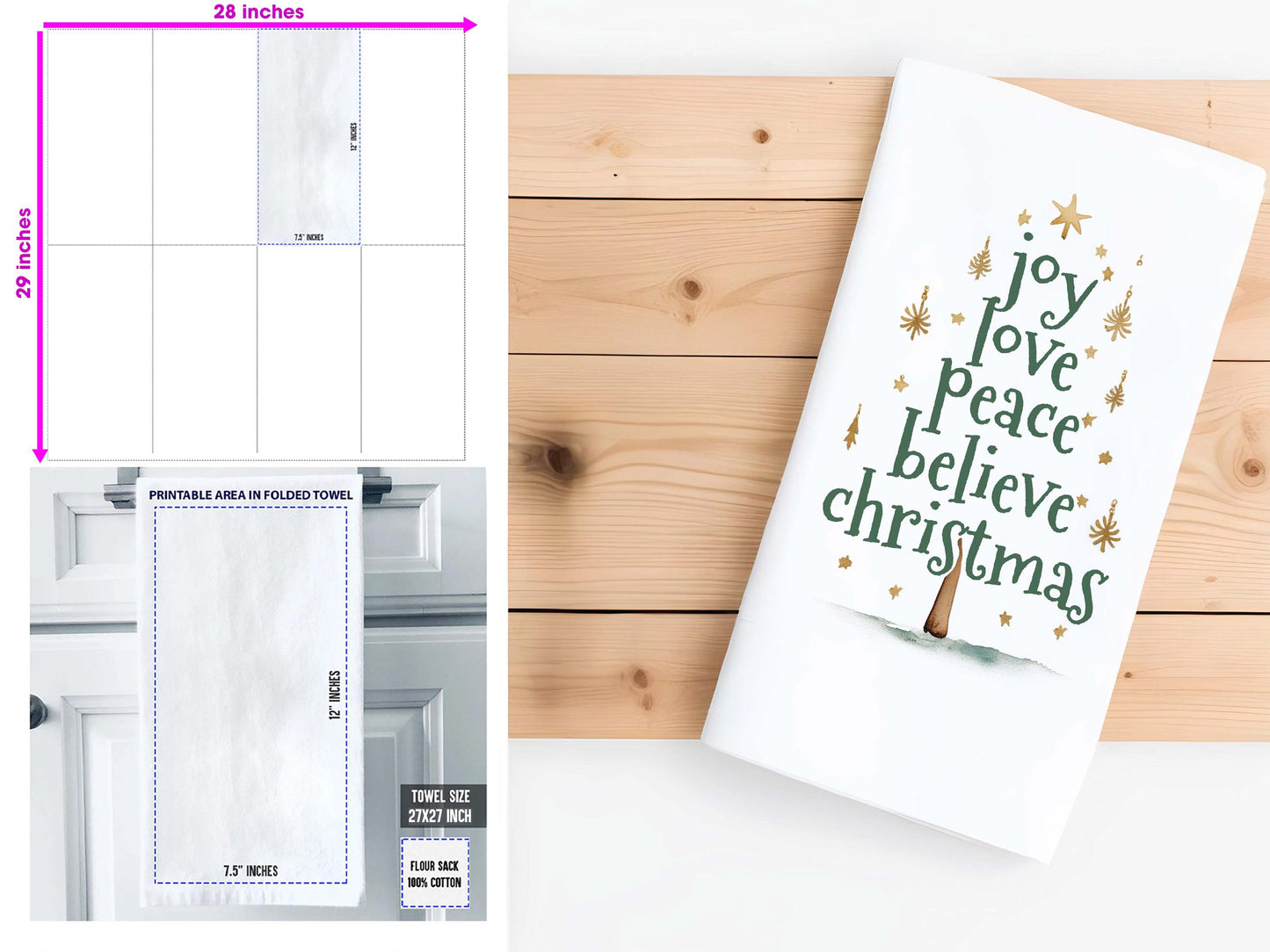 Christmas Kitchen Tea Towel with Words Joy Love Peace Believe Christmas - Festive Decor Holiday Gift Towel - Organic Flour Sack Cotton