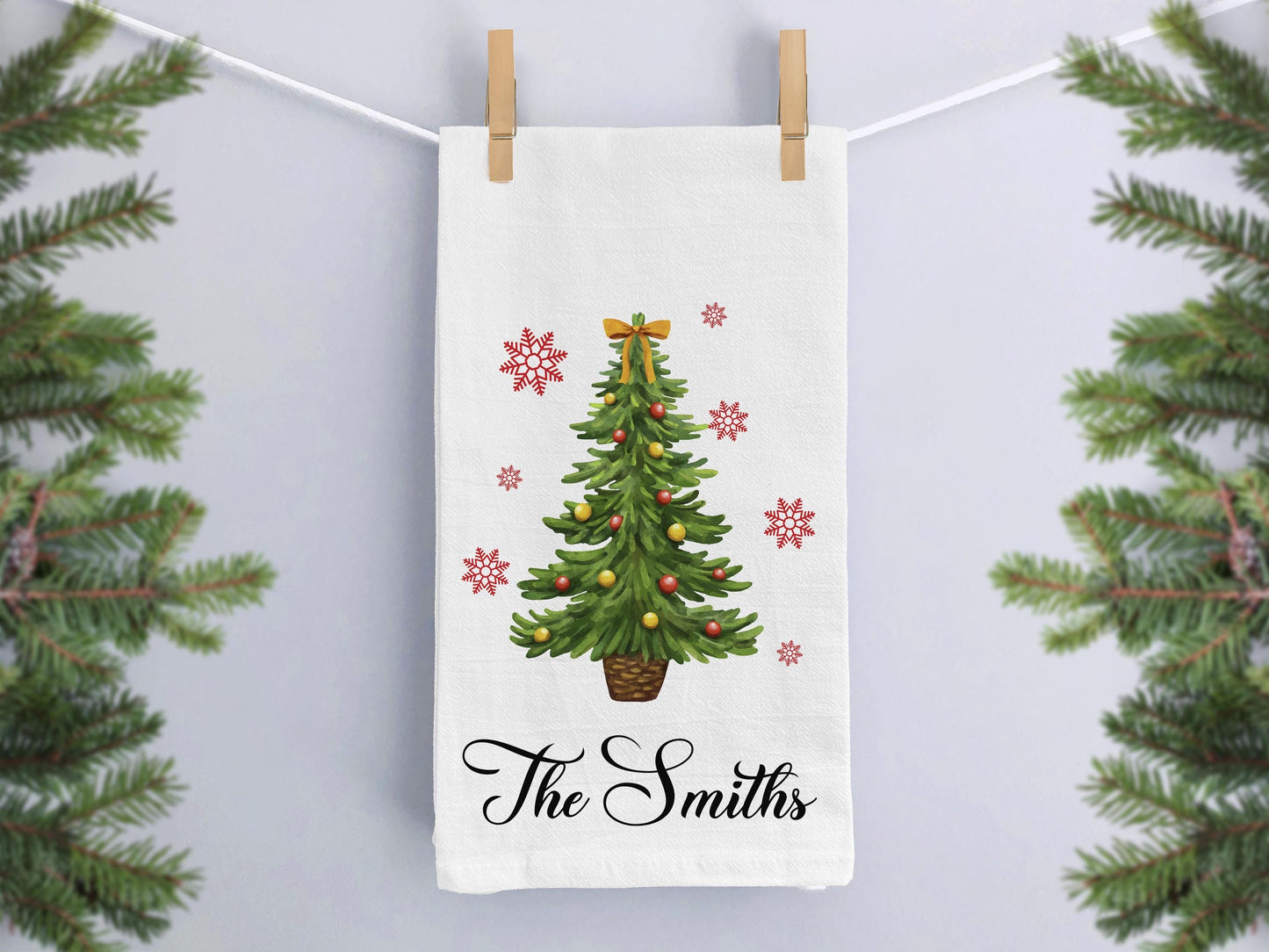 Personalized Christmas Kitchen Towel,Custom Family Name Holiday Tree Decor, Festive Host Gift, Family Christmas Gift - Organic Cotton