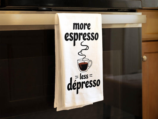 More Espresso Less Depresso, Funny Coffee Bar Towel, Coffee Lover Gift, Modern Kitchen Decor