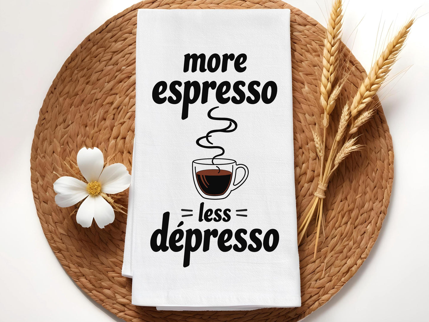 More Espresso Less Depresso, Funny Coffee Bar Towel, Coffee Lover Gift, Modern Kitchen Decor