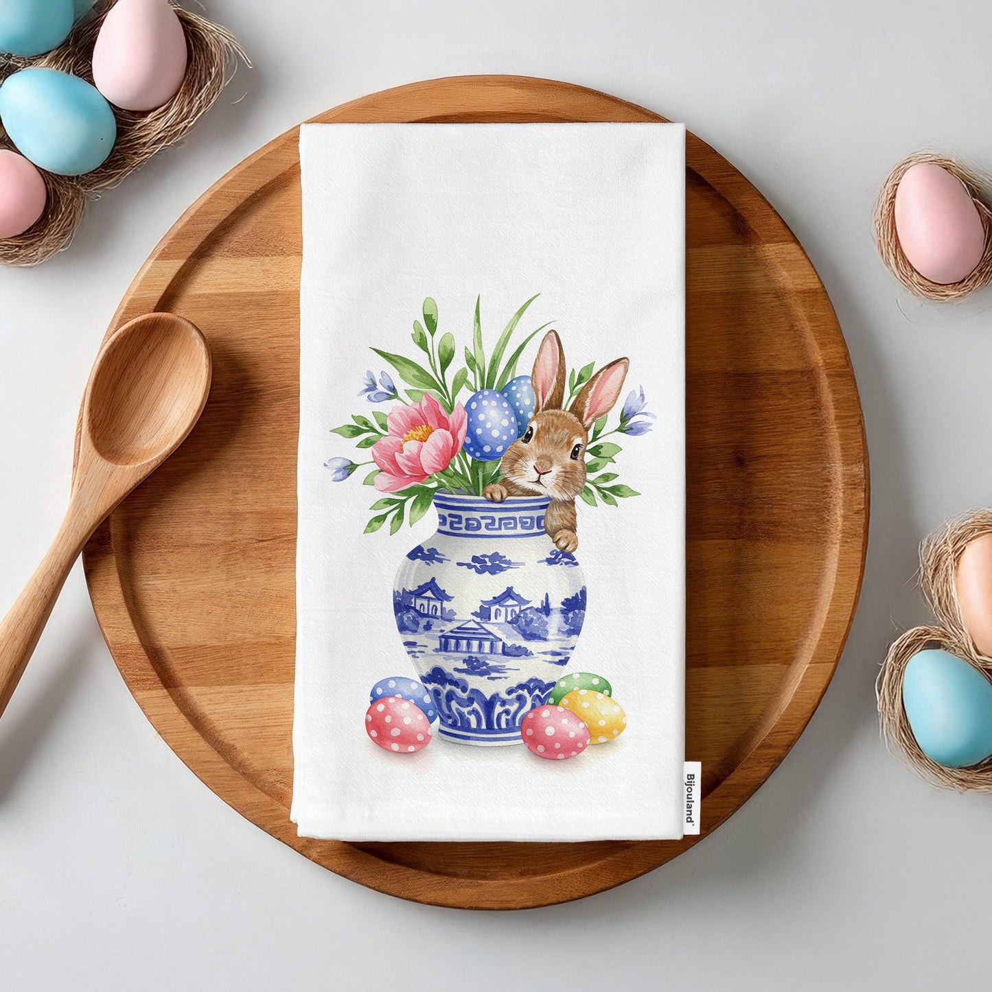 Happy Easter Kitchen Towel - Bunny in Chinoiserie Vase, Floral Spring Decor, Easter Gift - Flour Sack Organic Cotton Tea Towel