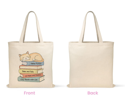 Cat Lover Tote Bag, Eco-Friendly Canvas Bag, Cute Book and Cat Design, Literary Gift