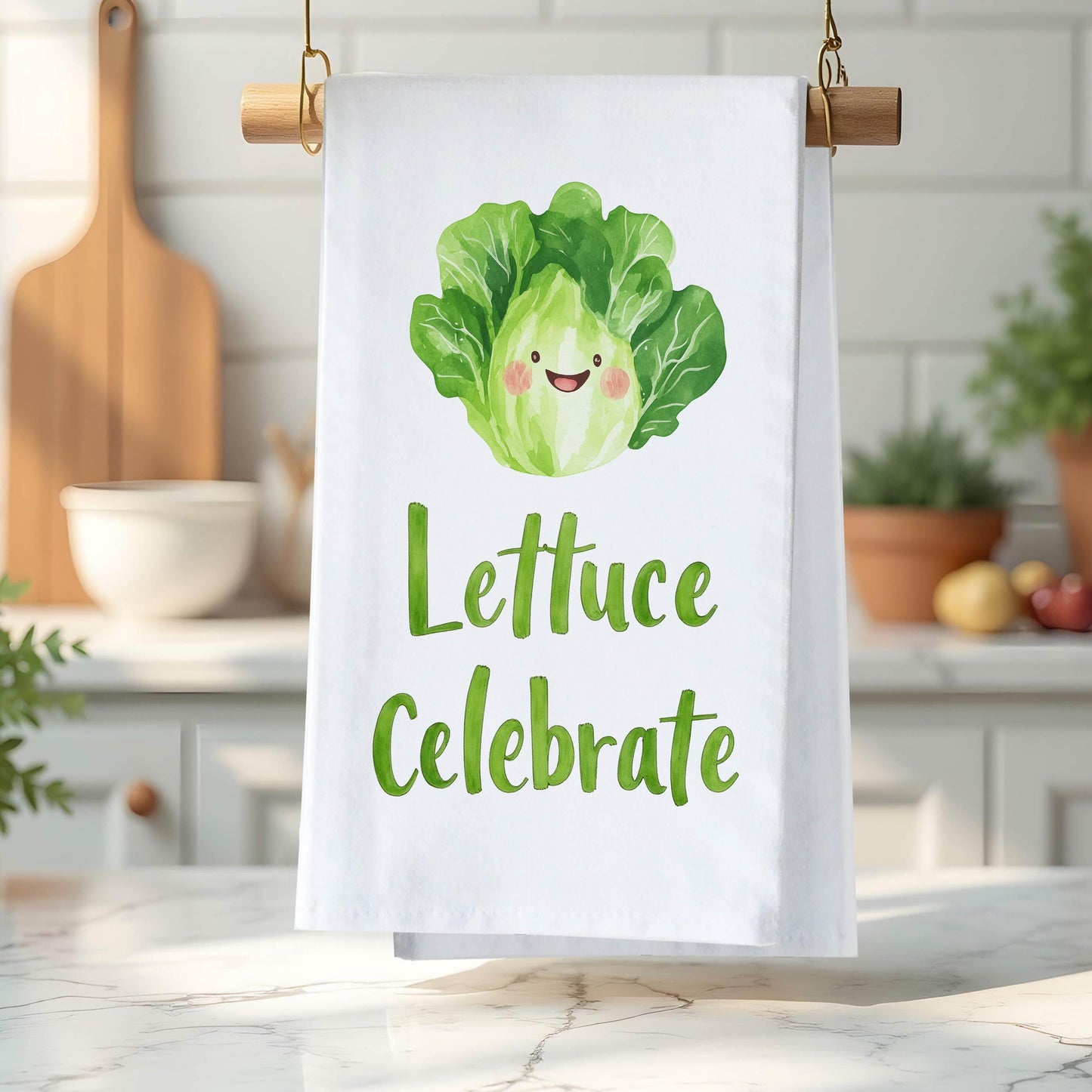 Lettuce Celebrate Kitchen Towel - Funny Food Pun Gift for Salad Lovers & Veggie Fans - Flour Sack Organic Cotton Tea Towel