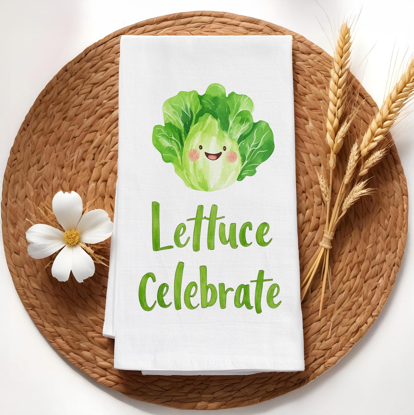 Lettuce Celebrate Kitchen Towel - Funny Food Pun Gift for Salad Lovers & Veggie Fans - Flour Sack Organic Cotton Tea Towel