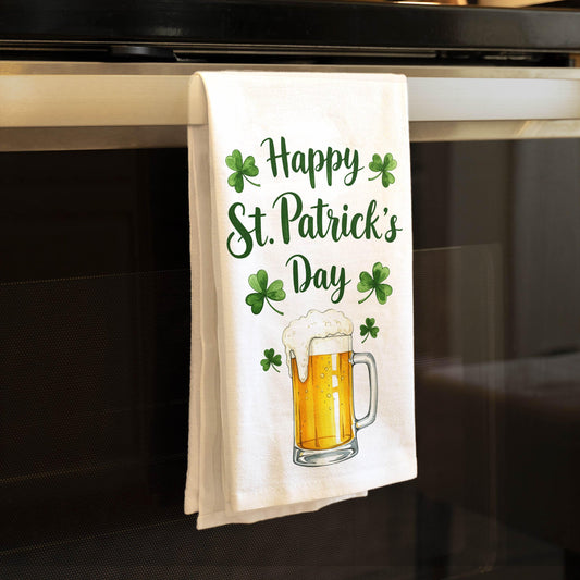 Happy St. Patrick's Day Kitchen Towel - Beer & Shamrock Gift for Irish Celebrations - Flour Sack Organic Cotton Tea Towel