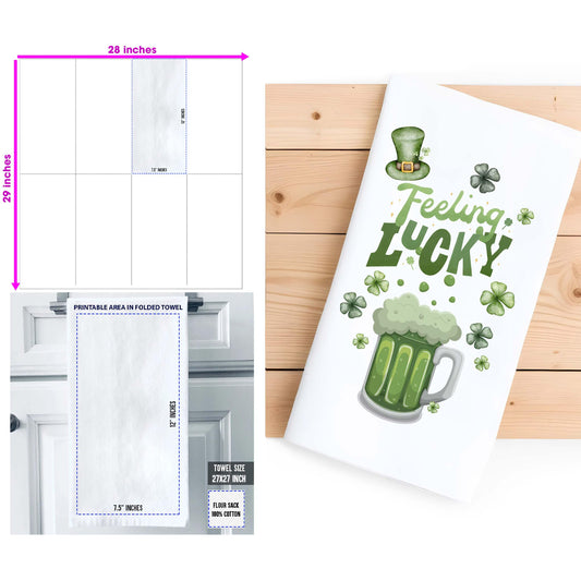 St.Patricks Day Towel Feeling Lucky, Beer & Shamrock Decor, Irish Bar Towel, Lucky Gift - Flour Sack Organic Cotton Hand Towel