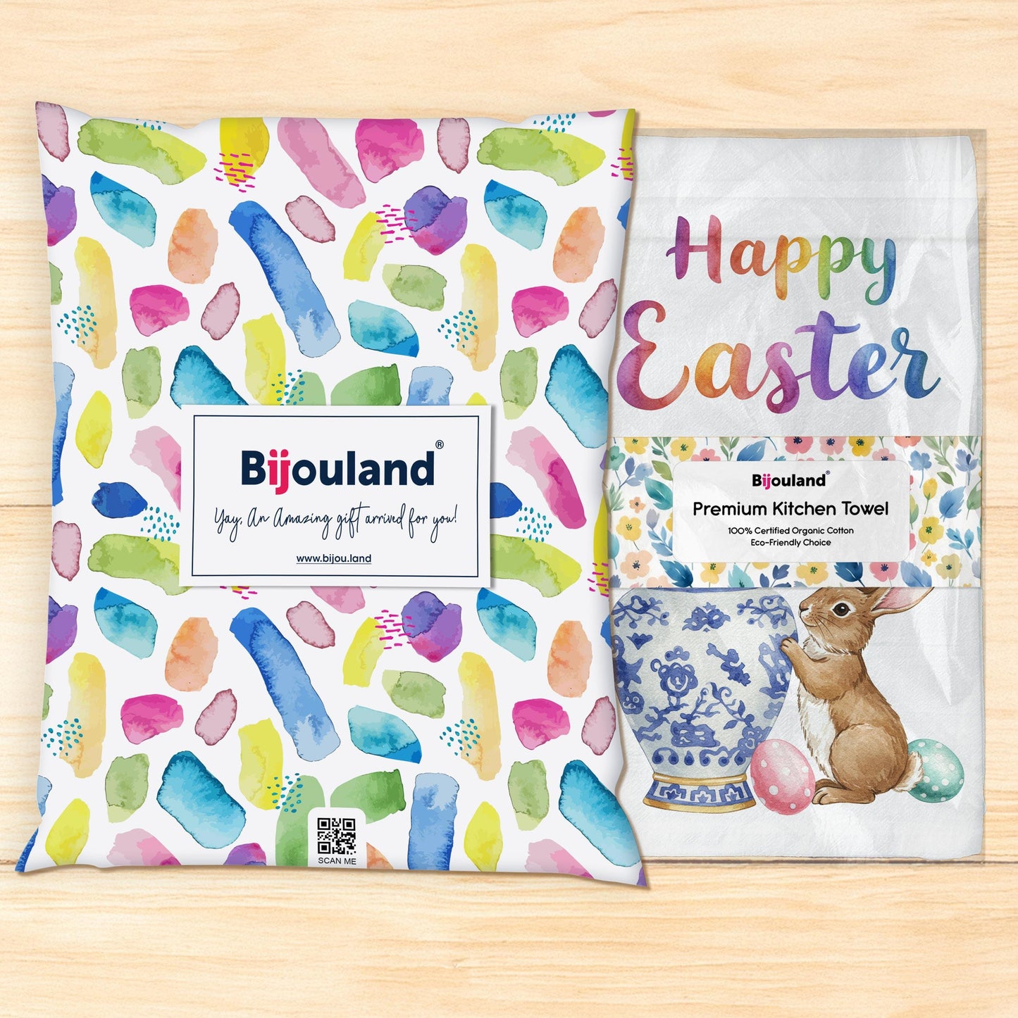 Happy Easter Kitchen Towel - Watercolor Spring Bunny Eggs Tea Towel, Farmhouse Easter Decor - Flour Sack Organic Cotton Tea Towel