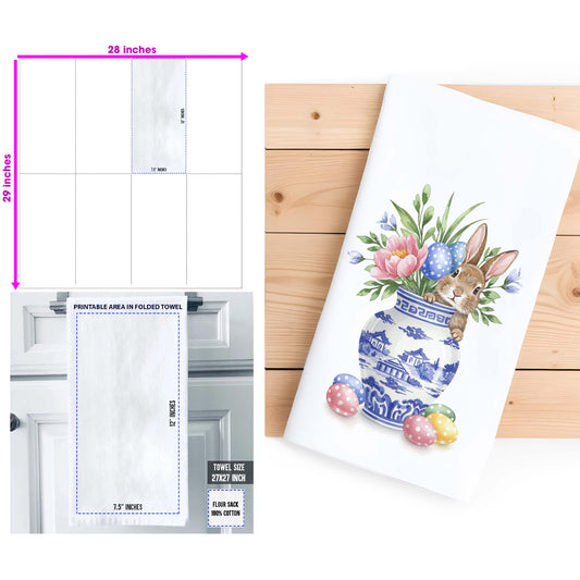 Easter Tea Towel with Bunny Easter Eggs and Chinoiserie Vase - Spring Kitchen Decor - Easter Gift - Flour Sack Organic Cotton Tea Towel