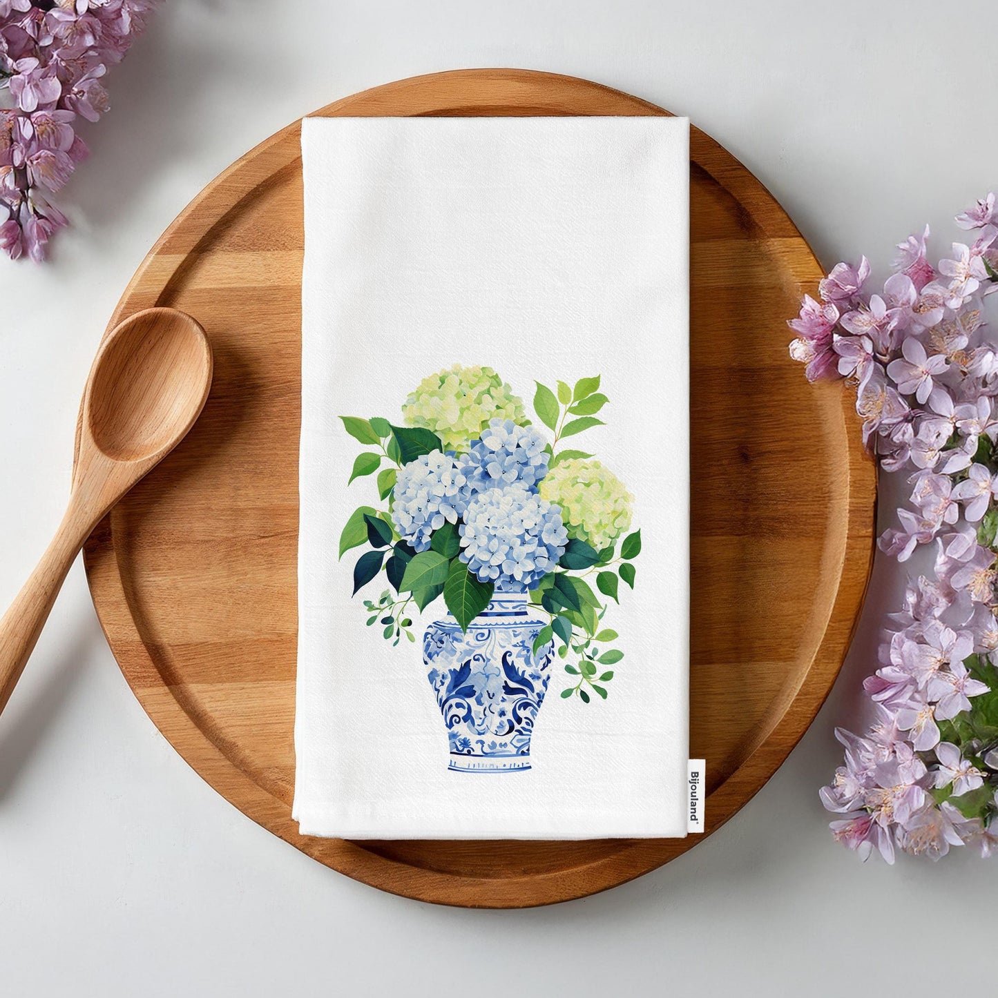 Blue Ginger Jar Kitchen Towel with Flowers - Chinoiserie Hydrangea Tea Towel - Kitchen Decor Gift