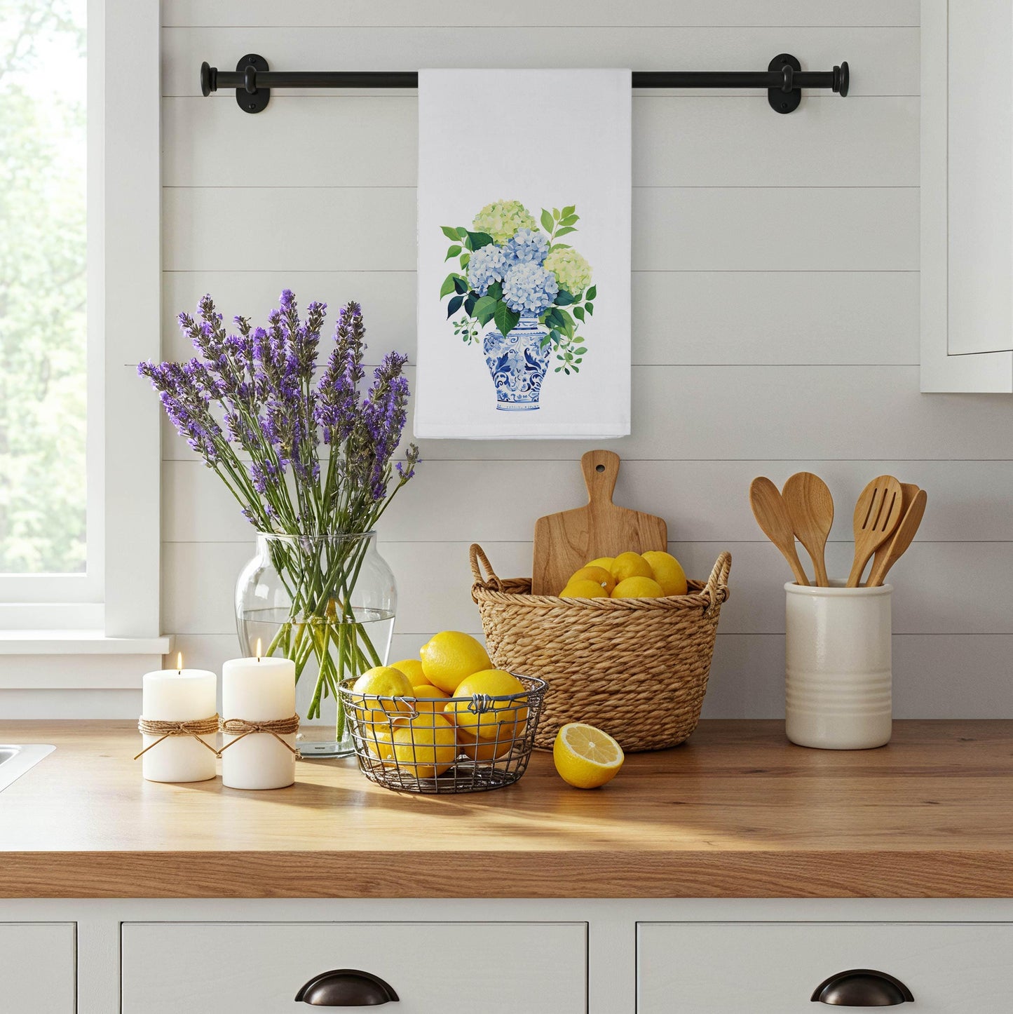 Blue Ginger Jar Kitchen Towel with Flowers - Chinoiserie Hydrangea Tea Towel - Kitchen Decor Gift