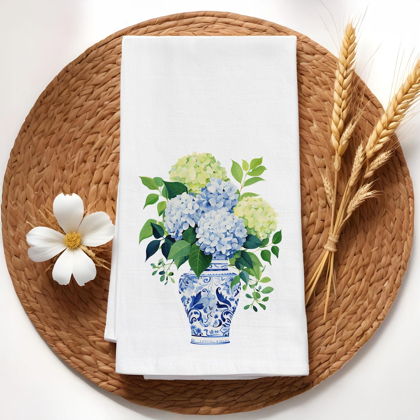 Blue Ginger Jar Kitchen Towel with Flowers - Chinoiserie Hydrangea Tea Towel - Kitchen Decor Gift