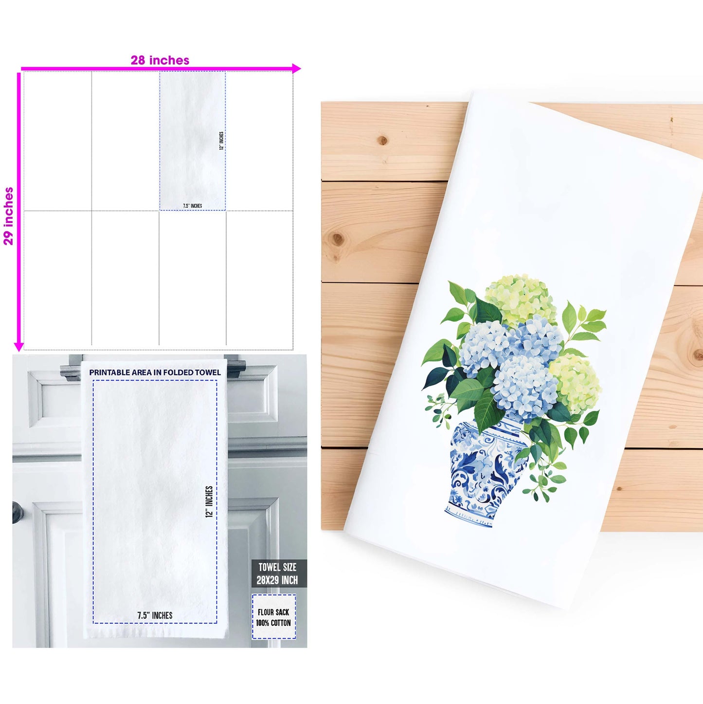 Blue Ginger Jar Kitchen Towel with Flowers - Chinoiserie Hydrangea Tea Towel - Kitchen Decor Gift