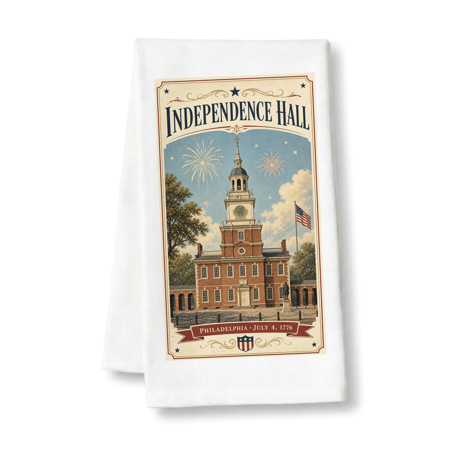 Independence Hall postcard tea towel on a clean white background