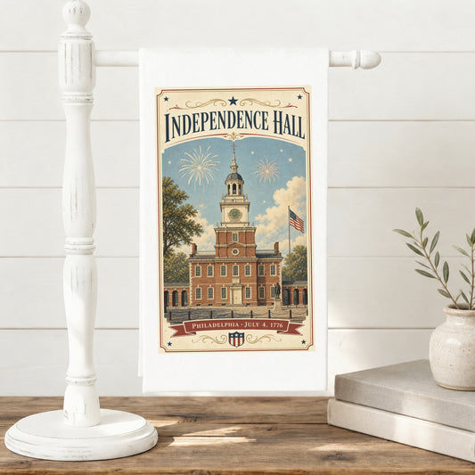 Independence Hall postcard tea towel displayed on a towel stand
