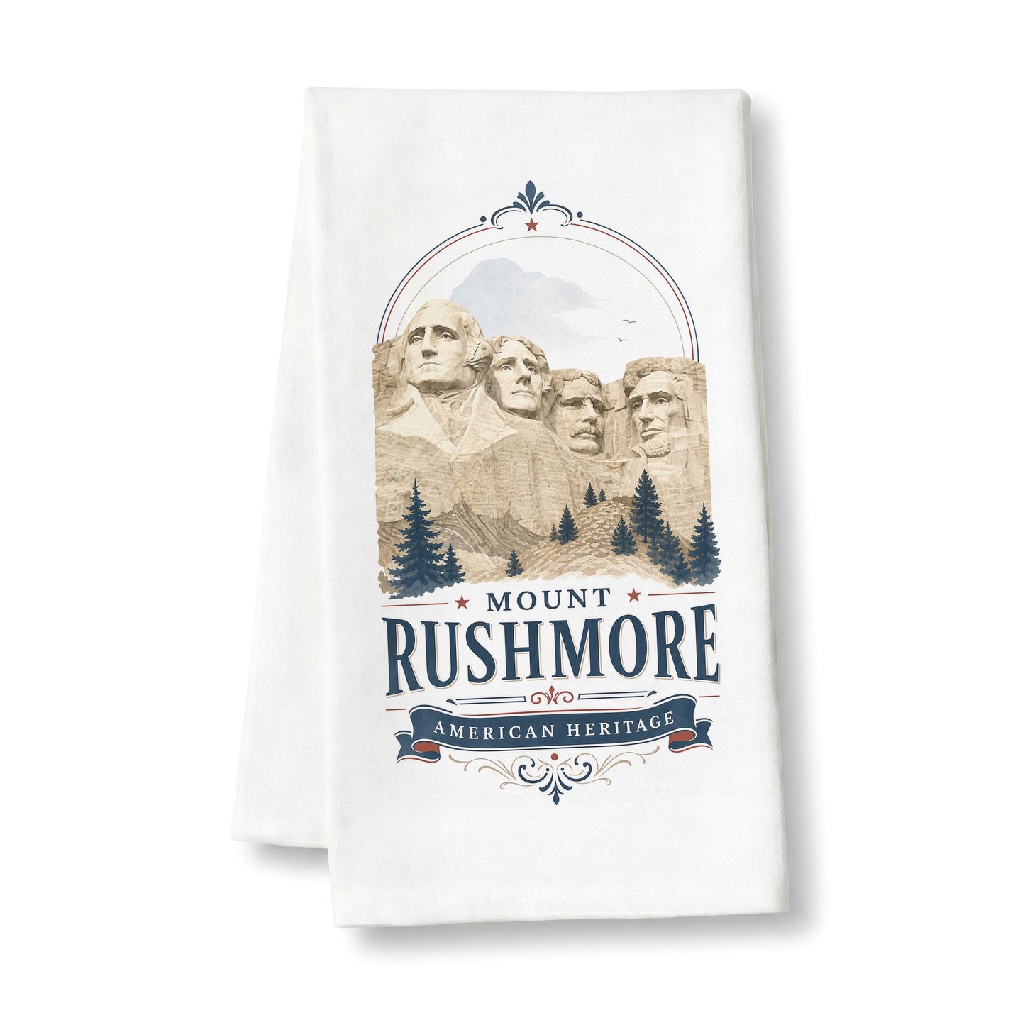 Mount Rushmore Heritage Tea Towel on a white background