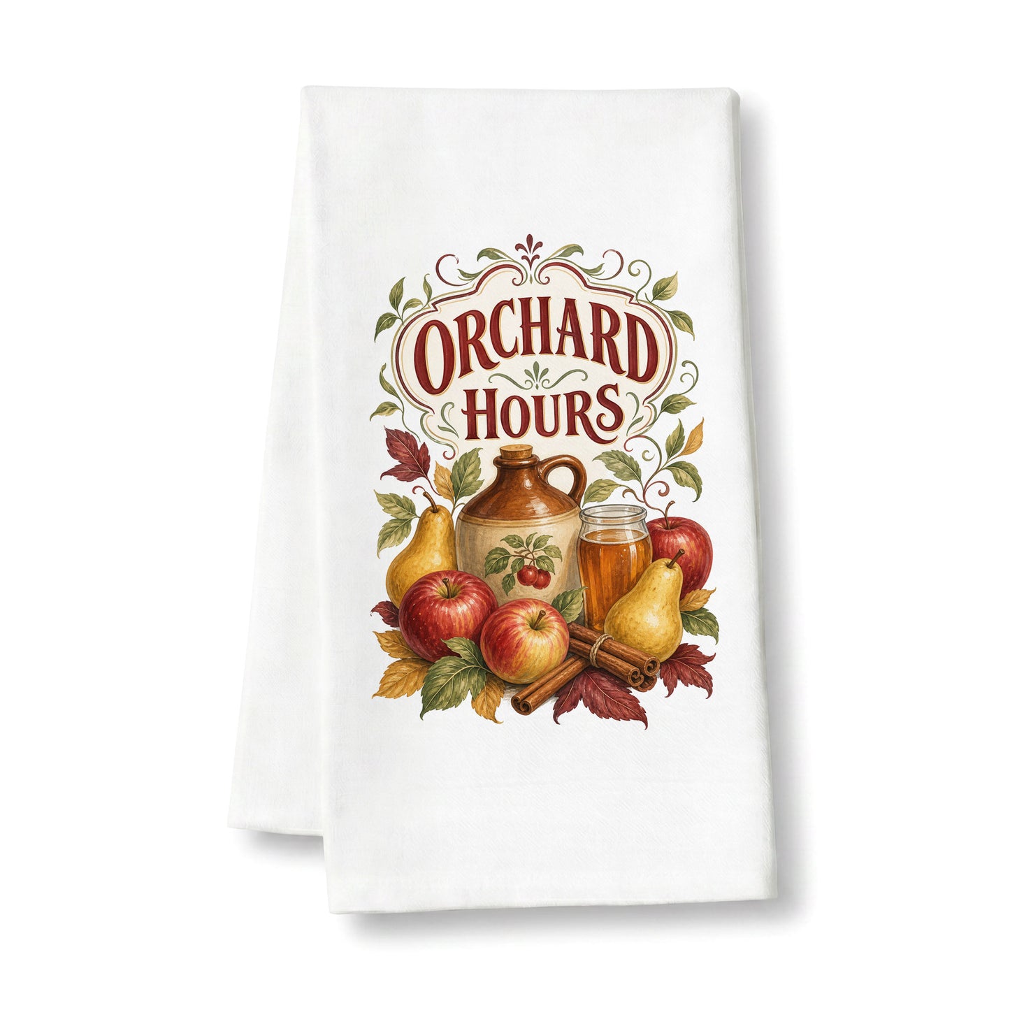 Orchard Hours Apple Cider Tea Towel folded on a clean white background, showing apples, pears, cider jug and glass, cinnamon sticks, leaves, and vintage lettering.
