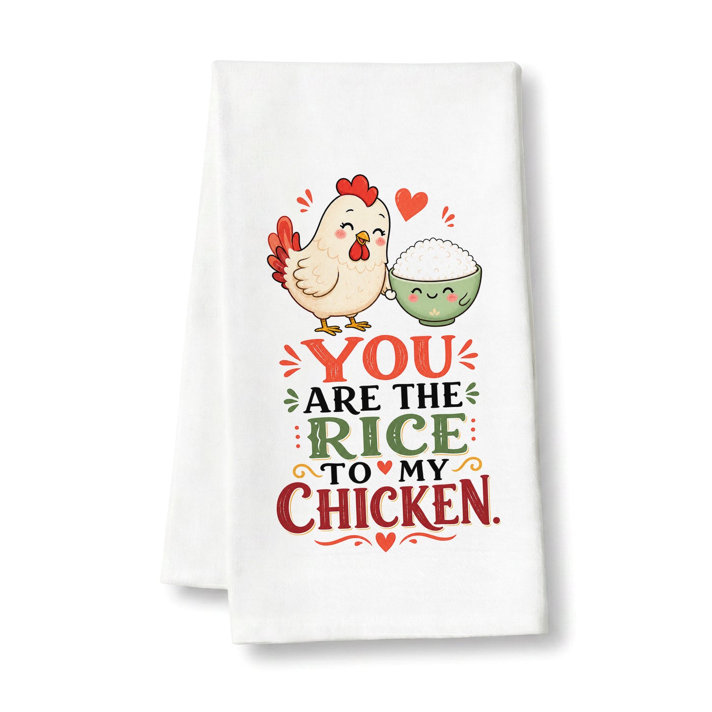 White organic cotton kitchen towel printed with the complete You Are the Rice to My Chicken kawaii food pun design on a clean background.