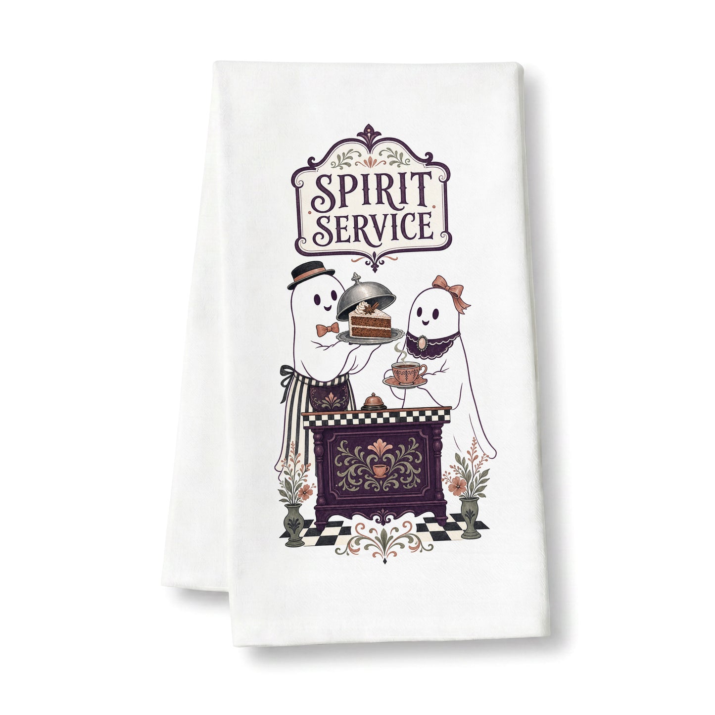 Spirit Service Ghost Halloween Kitchen Towel folded on a clean white background, showing two friendly ghosts serving cake and tea at a vintage cafe counter.