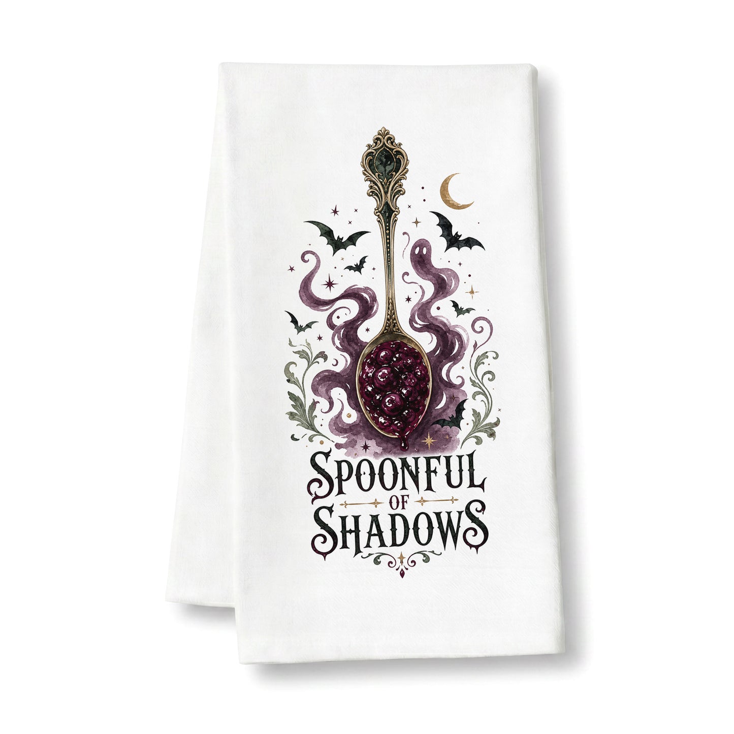 Spoonful of Shadows Gothic Halloween Kitchen Towel folded on a clean white background, showing ornate spoon, berry jam, curling ghost shapes, bats, and crescent moon.