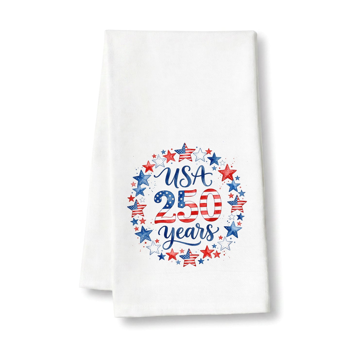 USA 250 Years Stars tea towel on a clean white background