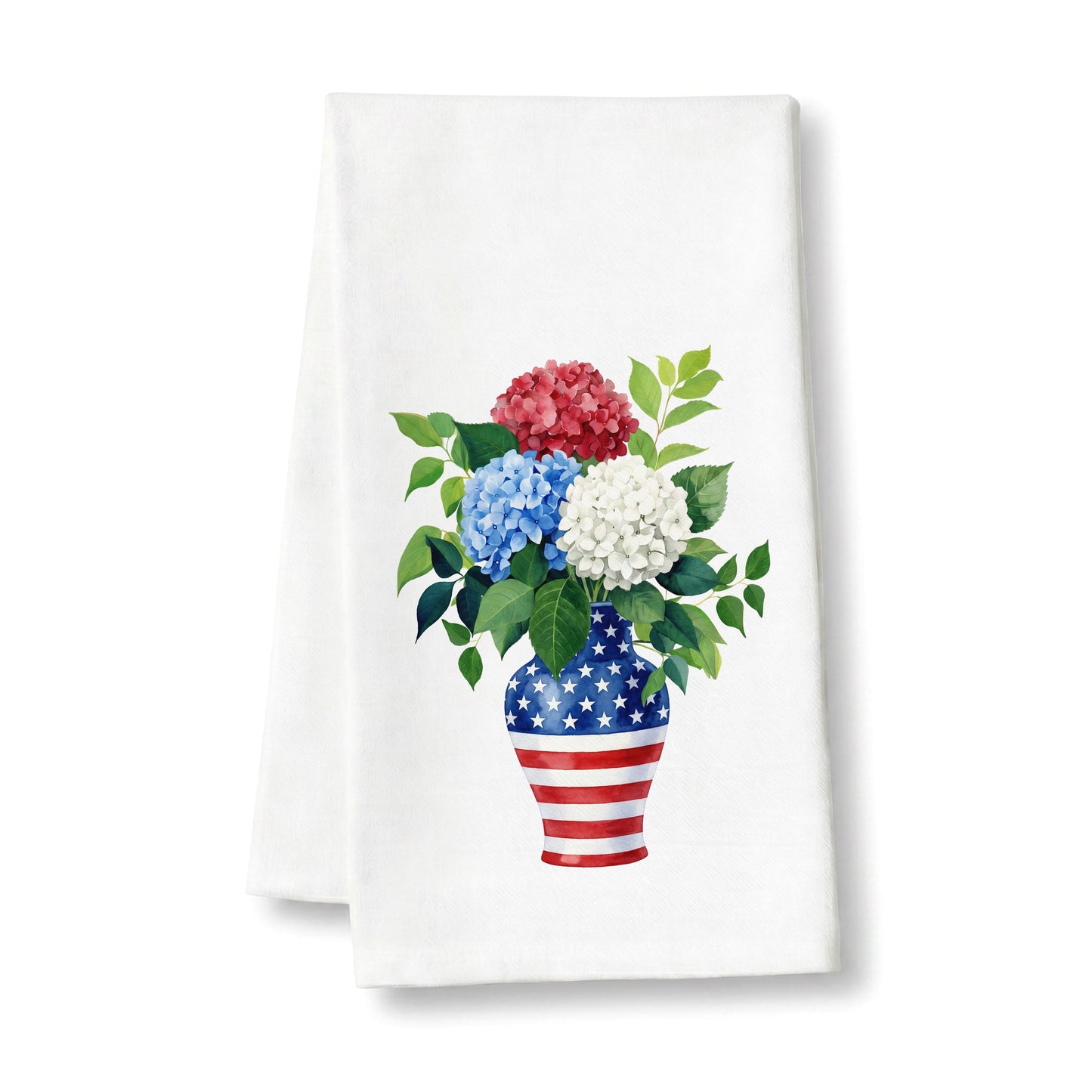 USA hydrangea vase tea towel on a clean white background
