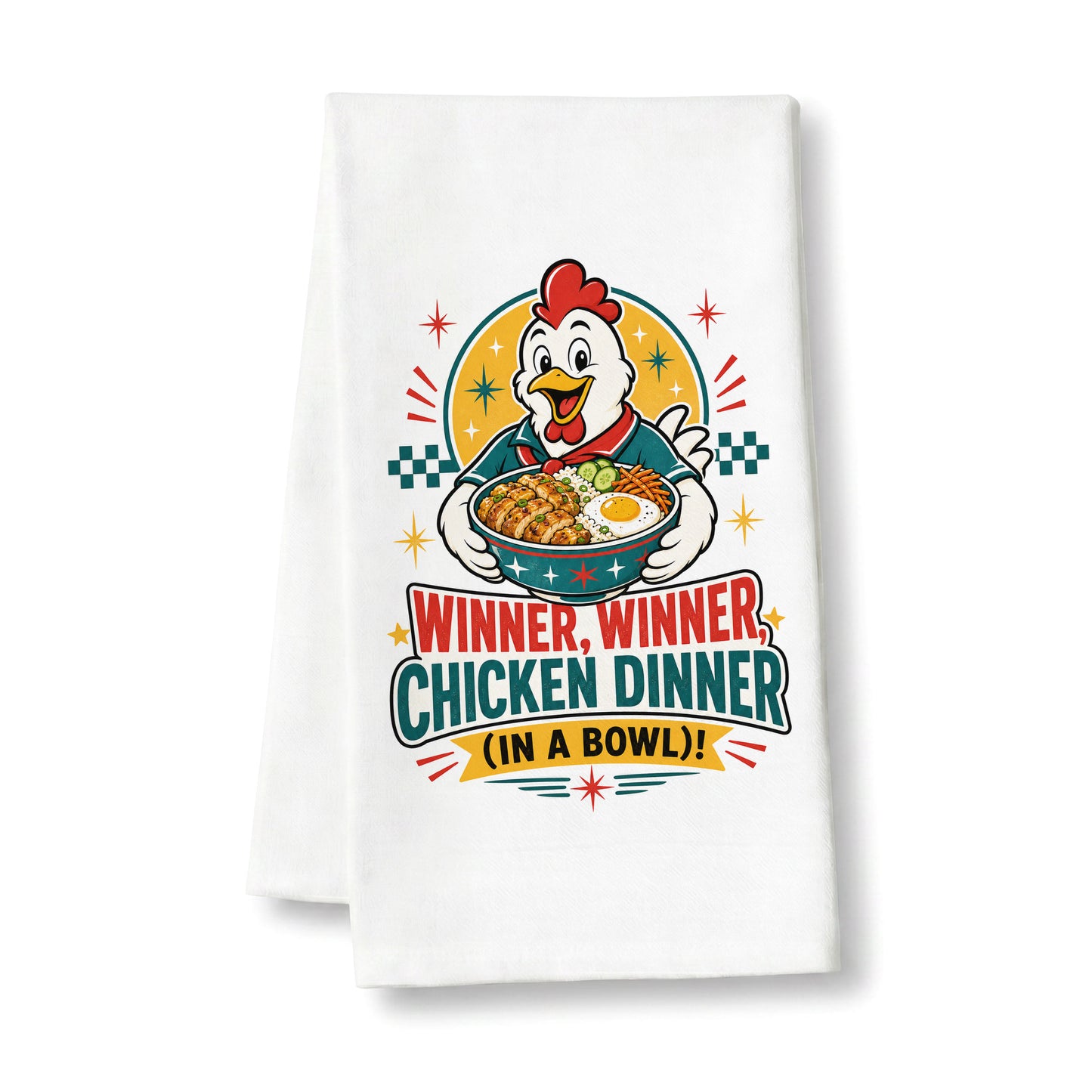 White organic cotton kitchen towel printed with the complete Winner Winner Chicken Dinner chicken and rice bowl design on a clean background.