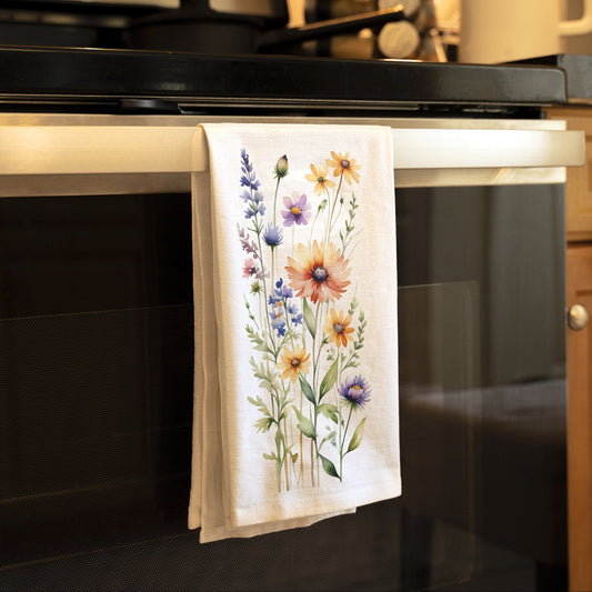 Watercolor Wildflower Kitchen Towel, Rustic Floral Flour Sack Towel, Botanical Home Decor Kitchen Tea Towel, Gift for Mom, Spring Flower