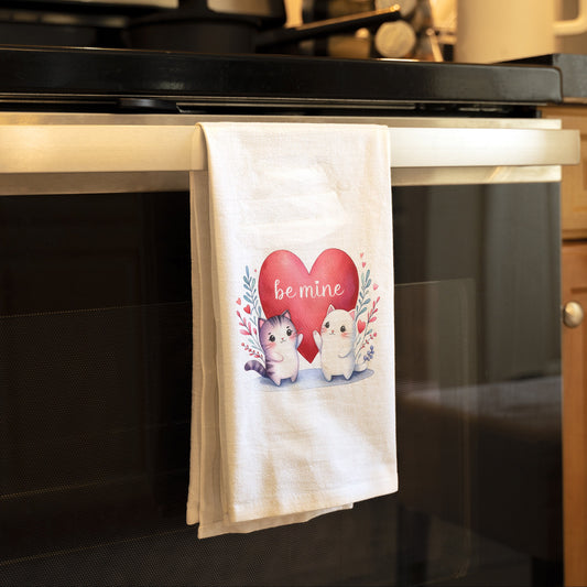 Be Mine Heart with Two Cute Cats Valentine's Day Kitchen Towel -Flour Sack Kitchen Tea Towel, Valentines Day Kitchen Decor
