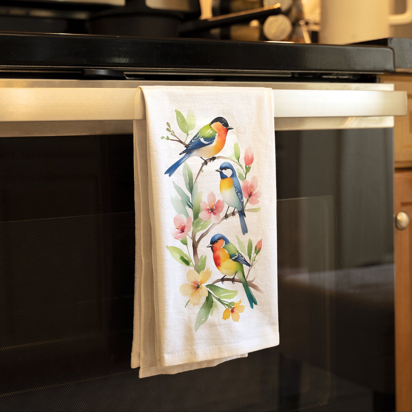 Spring Birds On Branch with Flowers -  White Flour Sack Kitchen Towel