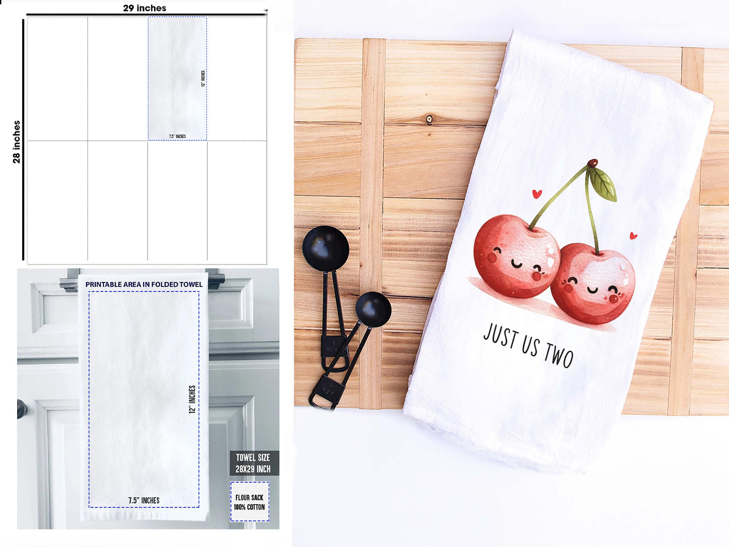 Cute Valentine's Day Cherry Towel - Just Us Two - Flour Sack Kitchen Towel - Cherries Kitchen Towel Decor