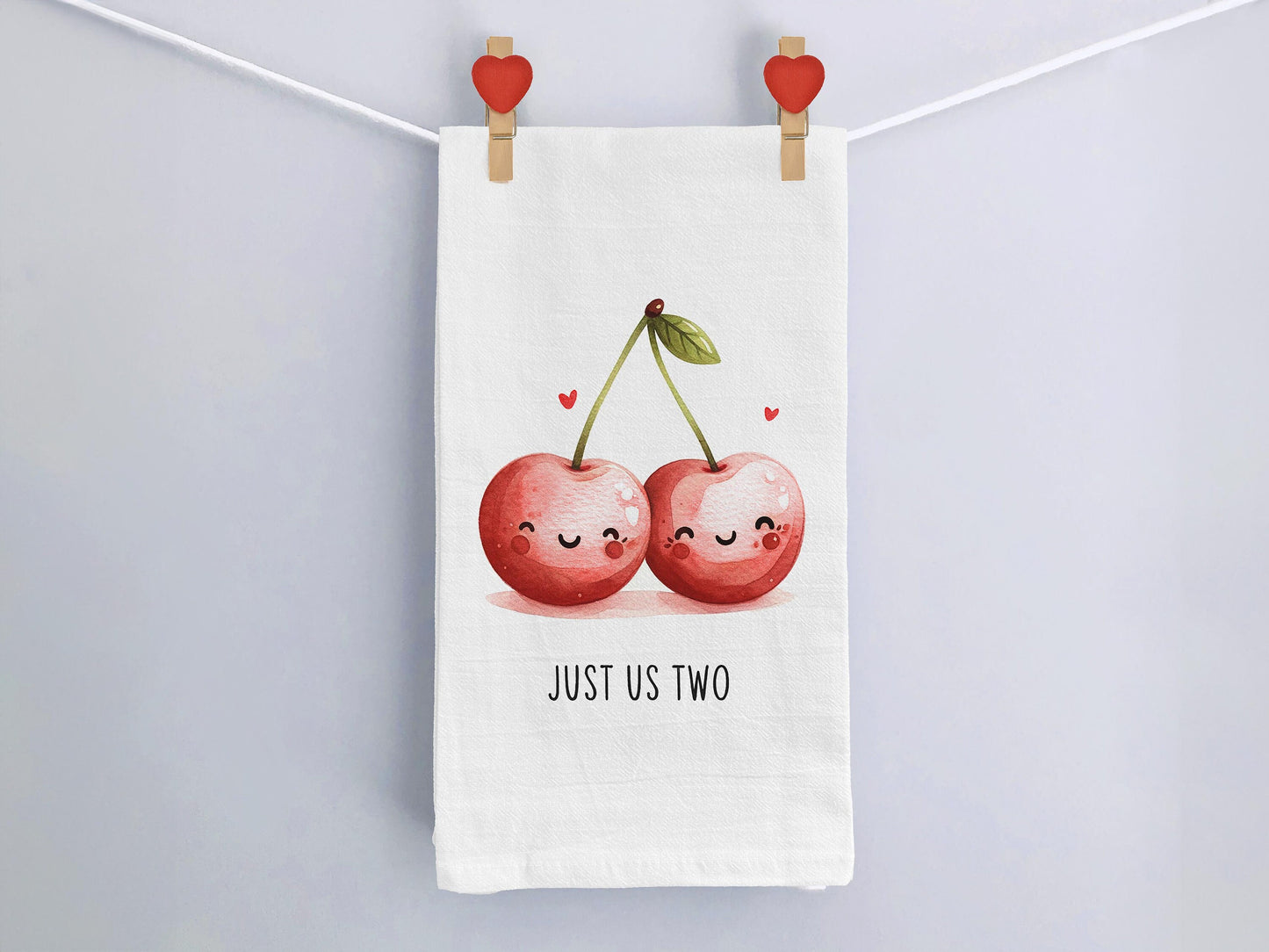 Cute Valentine's Day Cherry Towel - Just Us Two - Flour Sack Kitchen Towel - Cherries Kitchen Towel Decor